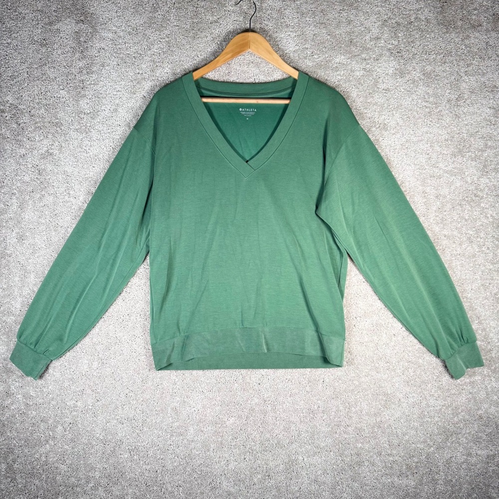 Athleta Willow V-Neck Sweatshirt Green Modal Blend Pullover Size M